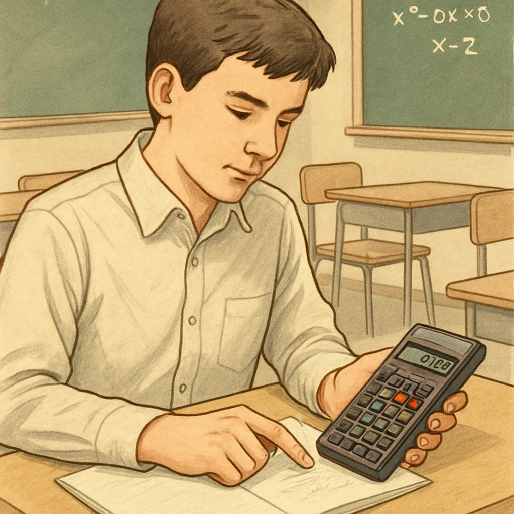 A student using an RPN calculator in a classroom setting, showcasing its practical application in mathematics education. Student working with RPN calculator in classroom for math learning