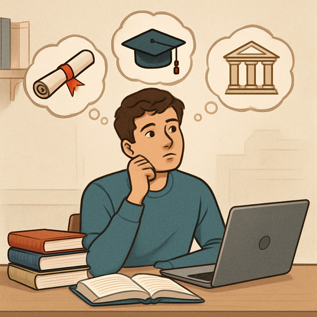 A student researching options for further education, symbolizing the possibility of overcoming regrets about a revised diploma. Student using a laptop to explore further education opportunities after a revised diploma.