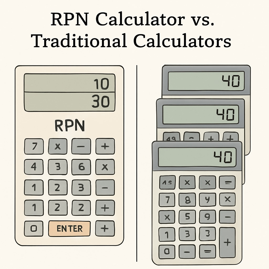 An RPN calculator displayed alongside traditional calculators, highlighting its distinct design and functionality. Comparison of RPN calculator and standard calculator for math operations