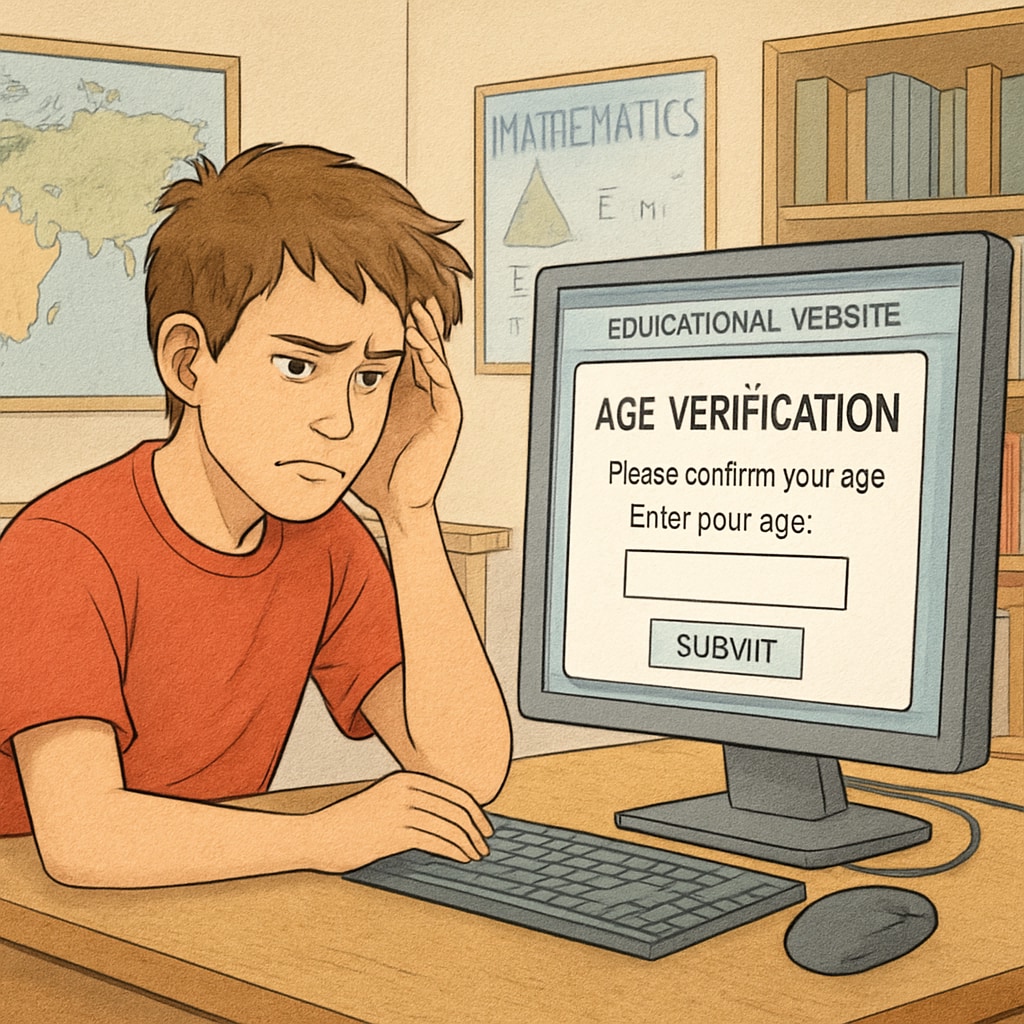 A student struggling to access an educational website due to age verification restrictions. Student facing age verification barriers while accessing digital learning resources.