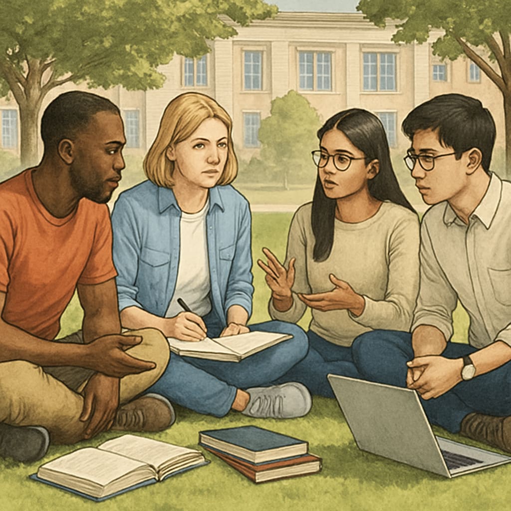 A group of diverse international students sitting on a campus lawn discussing their study plans. Diverse international students discussing AS level university admissions and budget-friendly options.