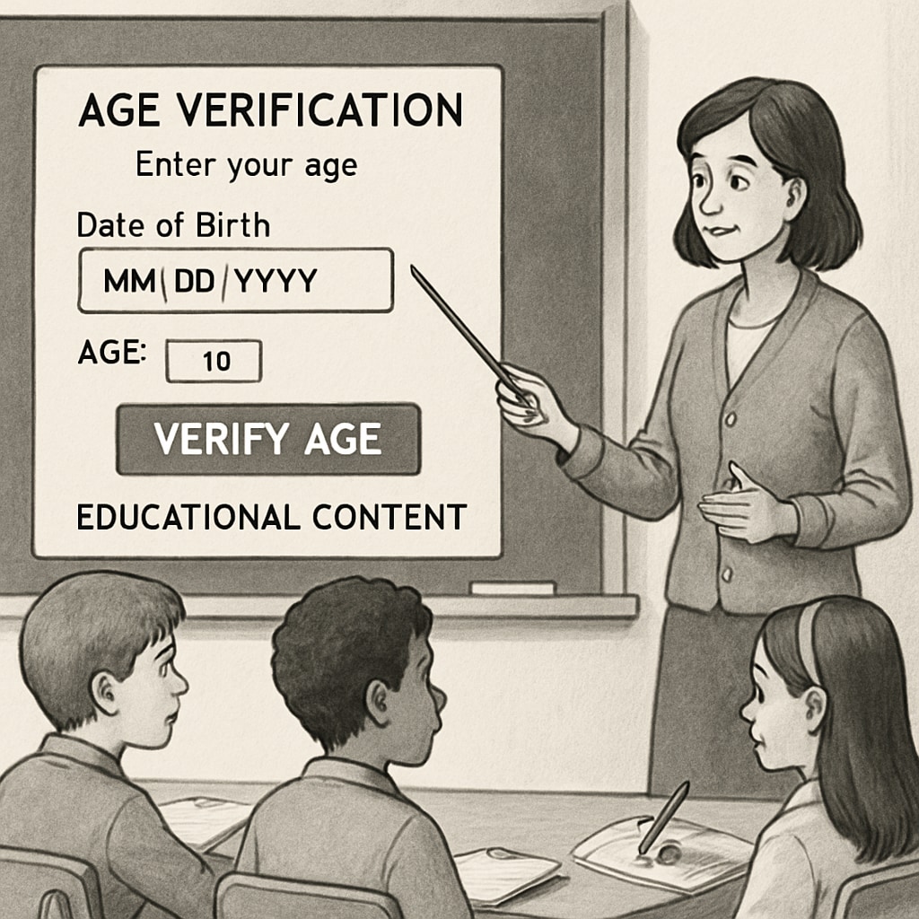 A teacher assisting students in navigating age verification processes to access educational content. Teacher guiding students through online age verification for educational resources.