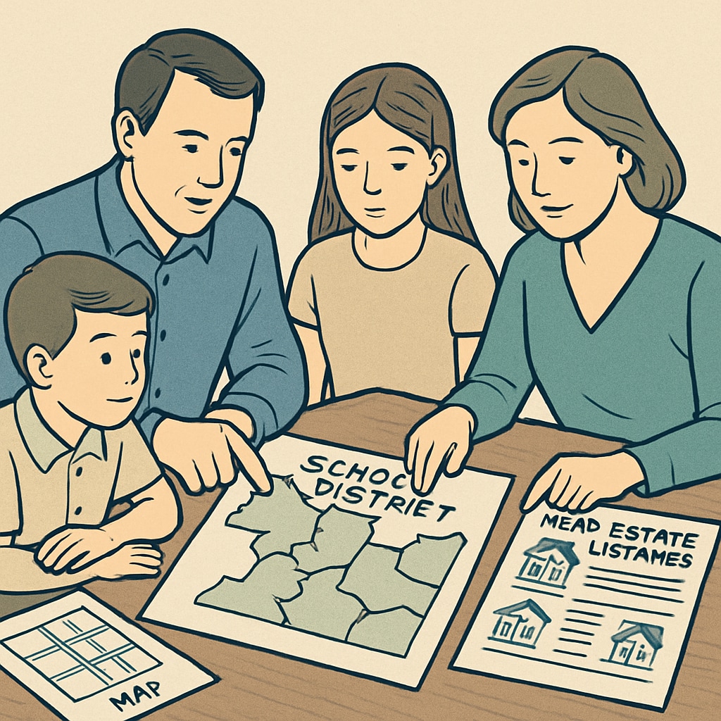A family reviewing school district maps and real estate listings, symbolizing the decision-making process. Family reviewing school district maps and real estate listings.