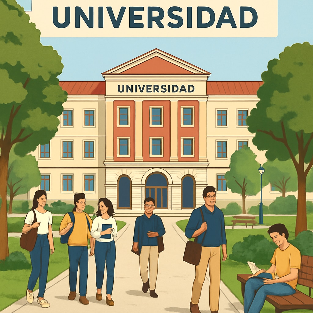 A scenic view of a Spanish university campus with students walking and studying outdoors. Spanish university campus with students enjoying the outdoors.