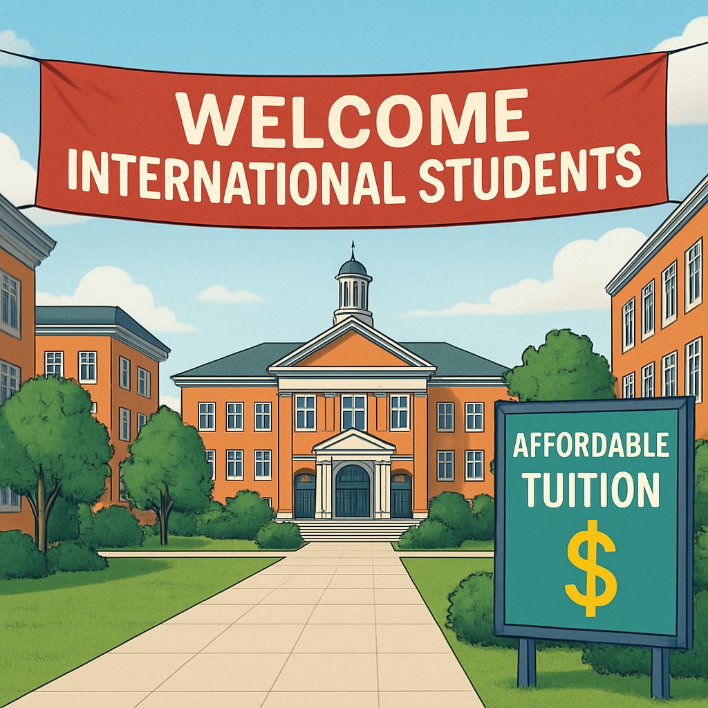 A university campus with a Campus scene promoting affordable tuition and welcoming AS level international students.