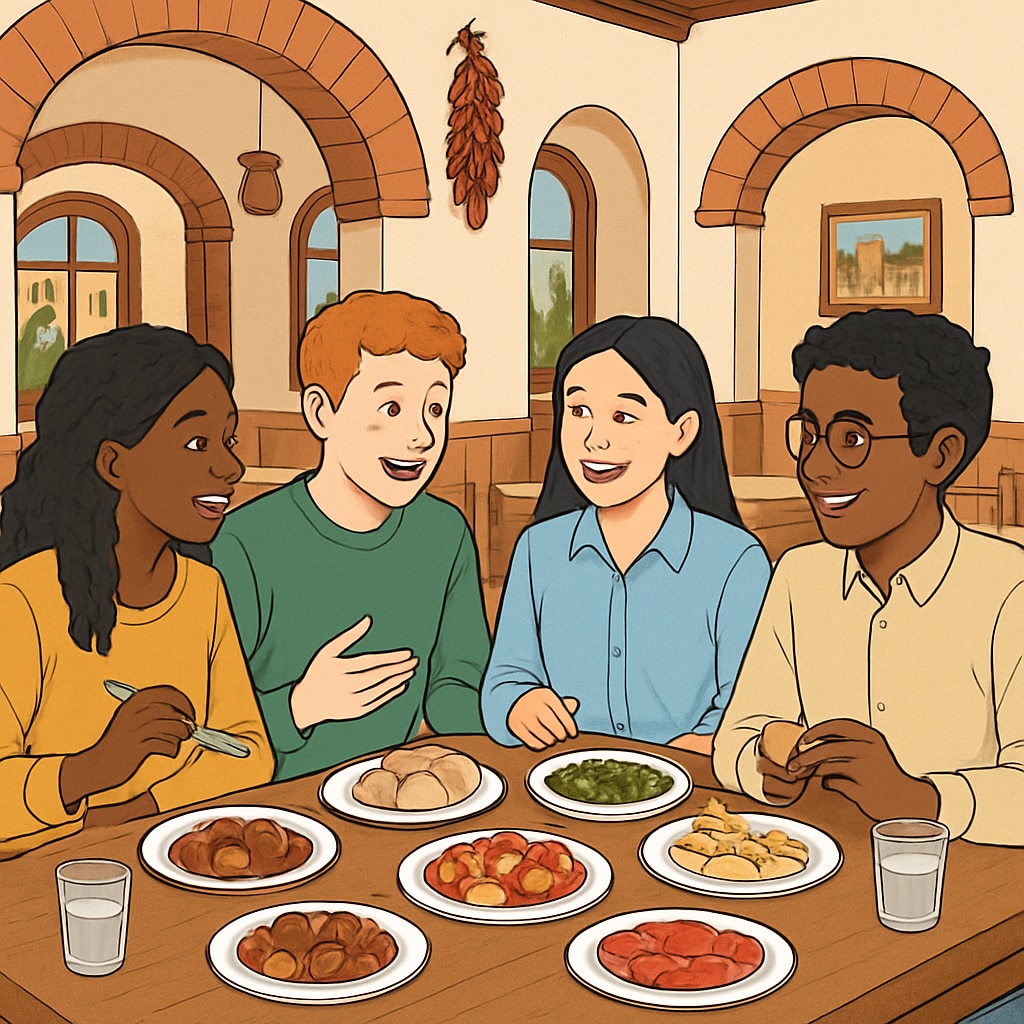 An international student group enjoying tapas in a Spanish restaurant. International students sharing tapas in Spain.
