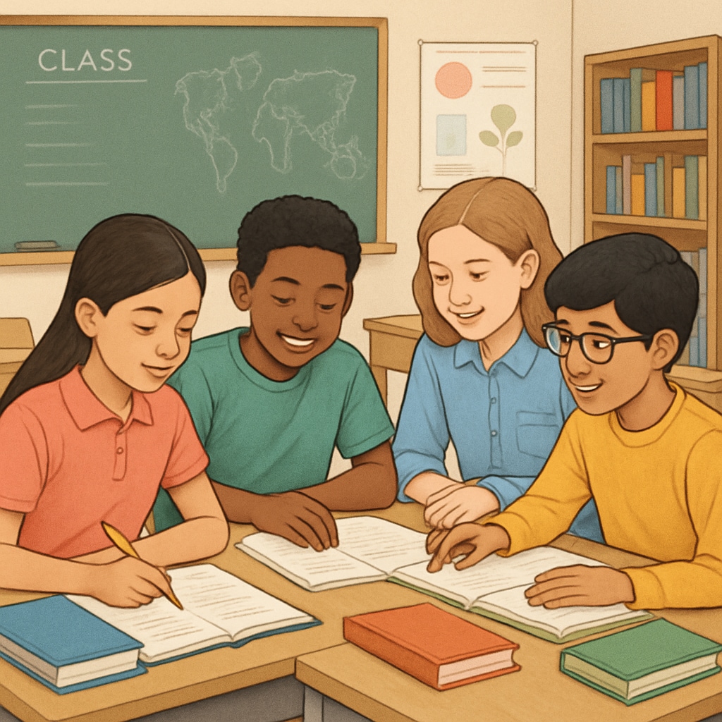 A diverse group of students in a public school classroom working collaboratively. Students in a public school classroom engaging in group work.