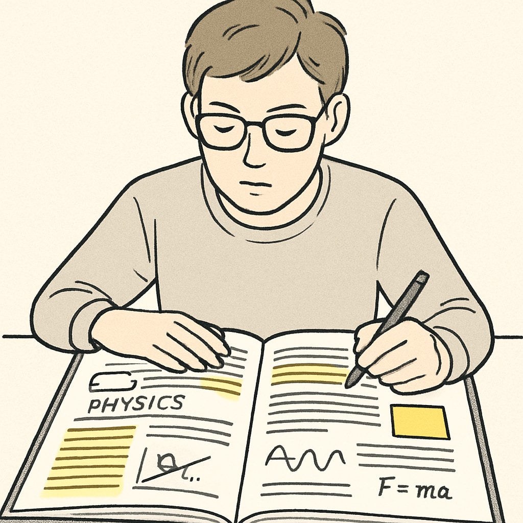 A student studying a physics textbook with highlighted sections and sticky notes. The image emphasizes focused learning and topic prioritization. Physics student studying with notes and a highlighter for backlog preparation.