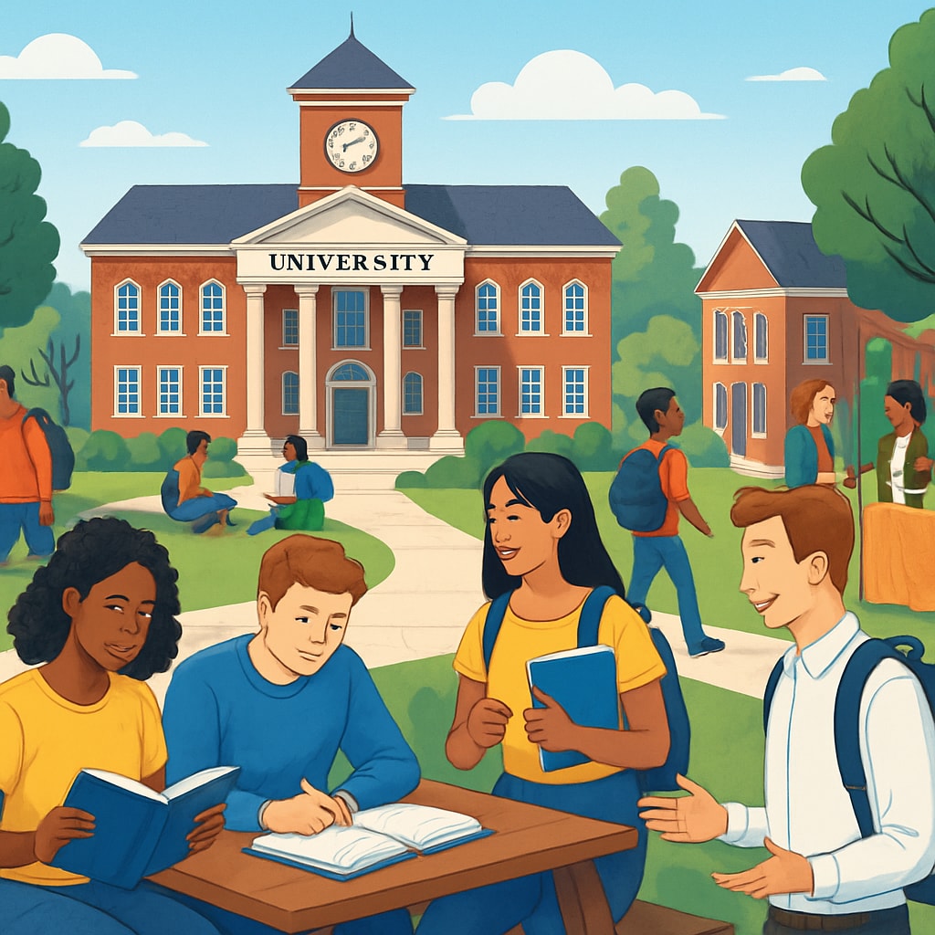 A vibrant university campus showcasing students engaging in academic and social activities, symbolizing the traits that drive student success. University students engaging in activities related to academic support and community building.