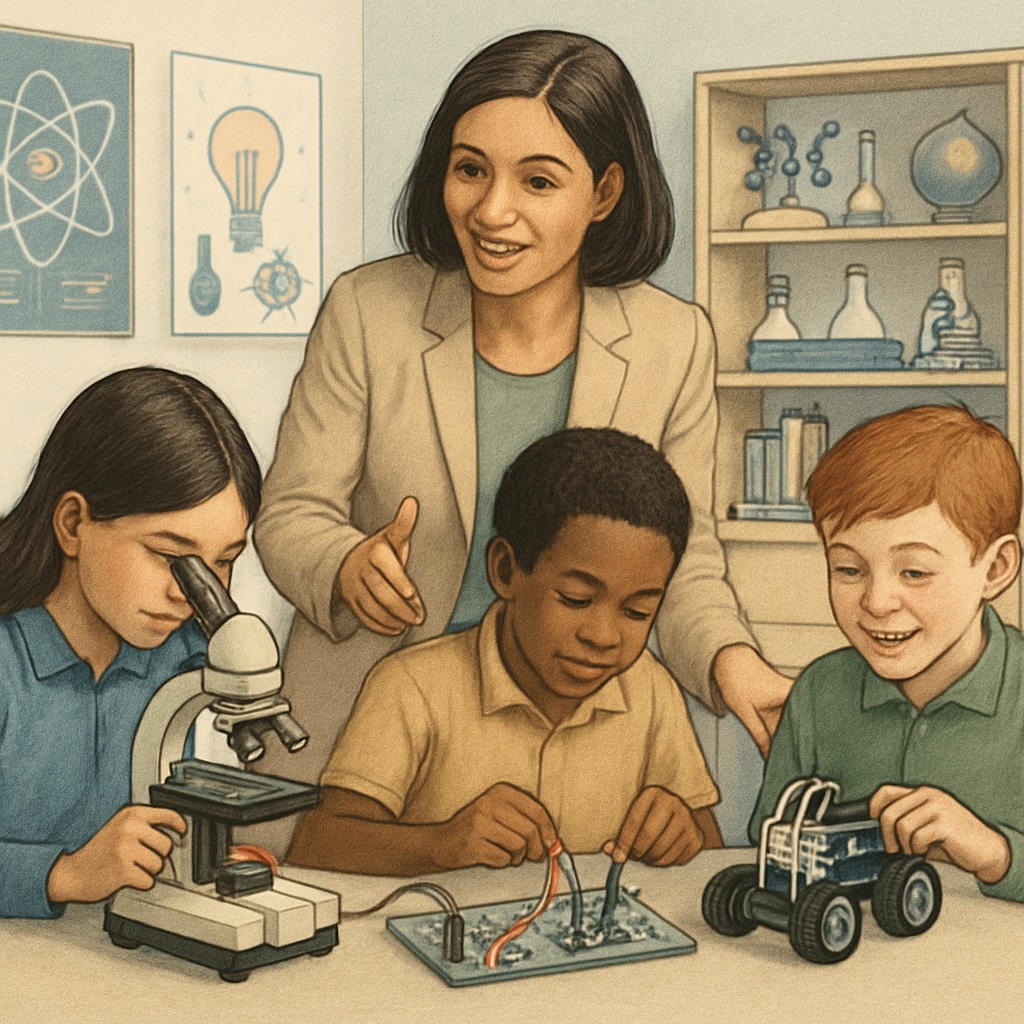 A teacher guiding students in a STEM lab, emphasizing hands-on learning. Public school students participating in hands-on STEM activities.