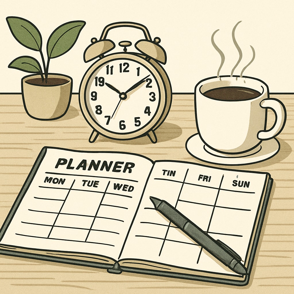 A desk with a planner, clock, and a cup of coffee, symbolizing time management and productivity. Study desk with time management tools for physics backlog preparation.