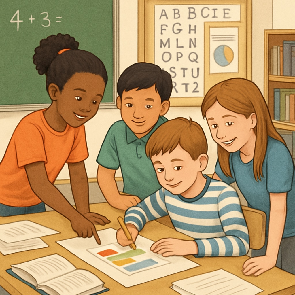 A classroom setting with young students collaborating on a project, representing the application of academic support and community building in K12 education. K12 students working together in a classroom, inspired by university strategies.