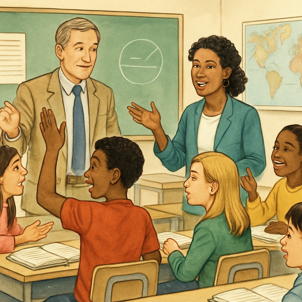 A classroom setting featuring teachers and students engaging in a discussion, symbolizing diversity and open-minded education. Classroom discussion representing diversity in education