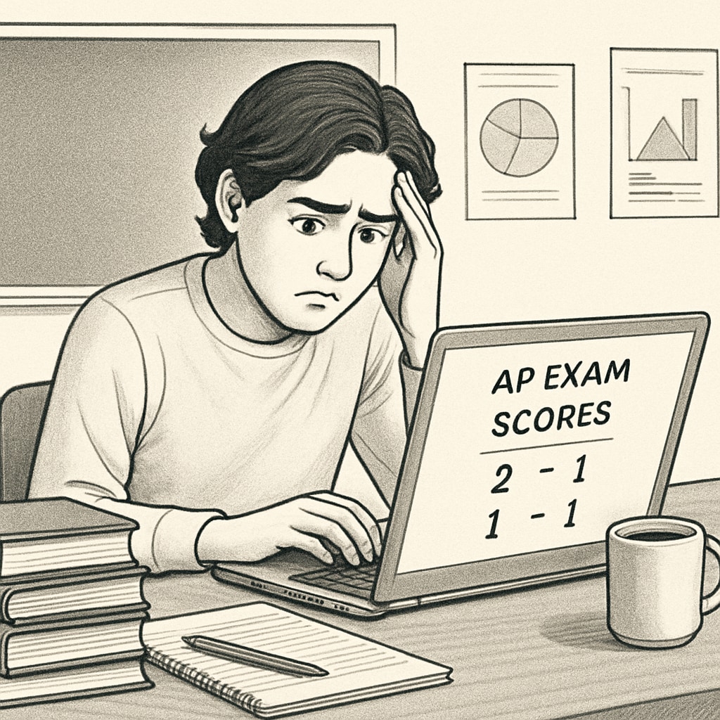 A frustrated student reviewing incorrect AP exam scores on their laptop, symbolizing the challenges of identifying and addressing teacher errors. Student reviewing incorrect AP Physics C exam scores on a laptop