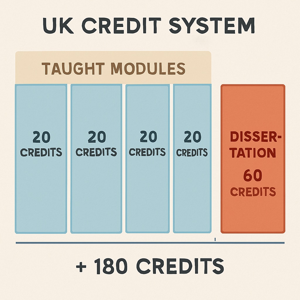 UK master's degree credit system explained with module and thesis breakdown.