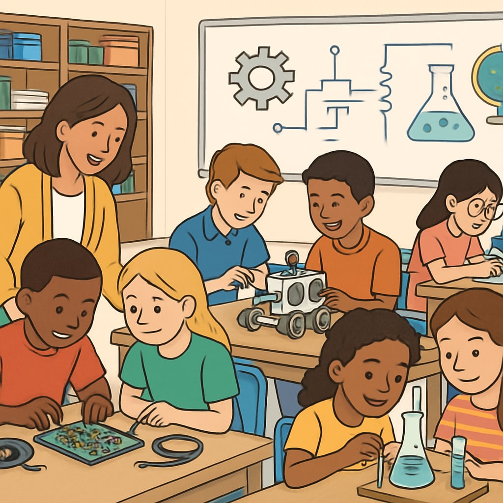A classroom showing students engaged in hands-on STEM activities, emphasizing teamwork and practical problem-solving. Students participating in STEM activities to learn teamwork and problem-solving skills.