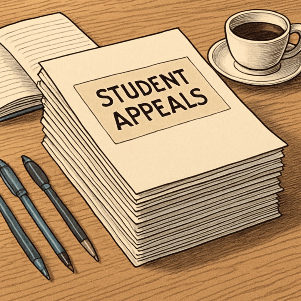 A stack of paperwork labeled “Student Appeals” on a desk, representing the bureaucratic hurdles students face during the academic appeals process. Paperwork labeled “Student Appeals” on a school administrator’s desk