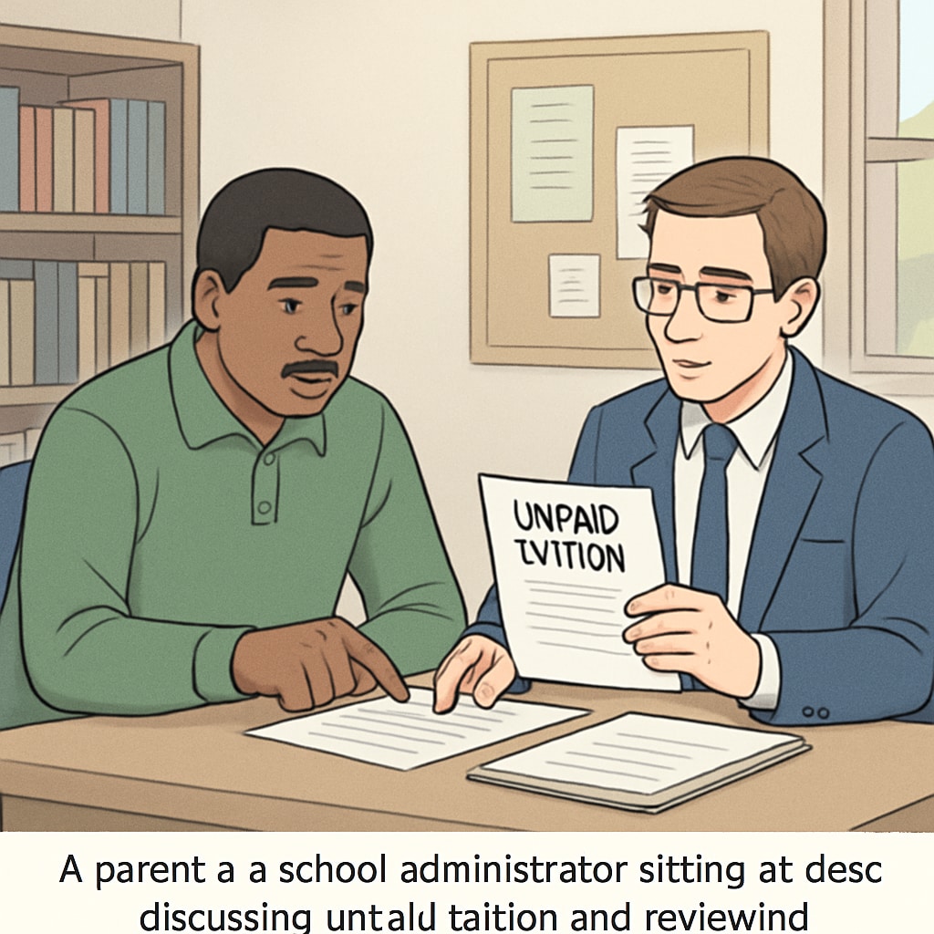 A parent discussing unpaid tuition with a school administrator to resolve transcript issues. Parent negotiating unpaid tuition with school for transcript release.