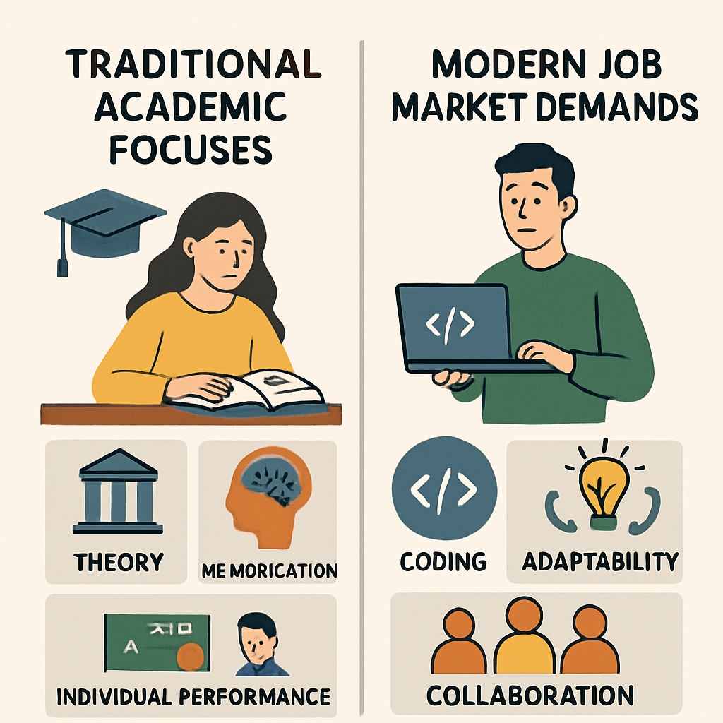 An infographic comparing traditional academic focuses with modern job market demands, including coding and adaptability. Infographic illustrating the mismatch between academic curricula and employment skills.