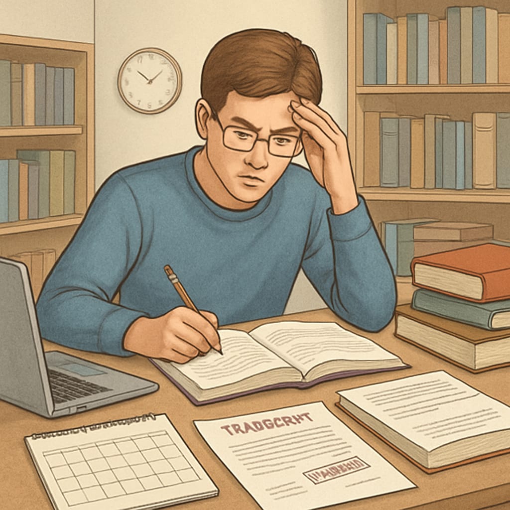 A student preparing for a PRC exam while waiting for transcript approval. Student studying for PRC exam, facing transcript-related challenges.