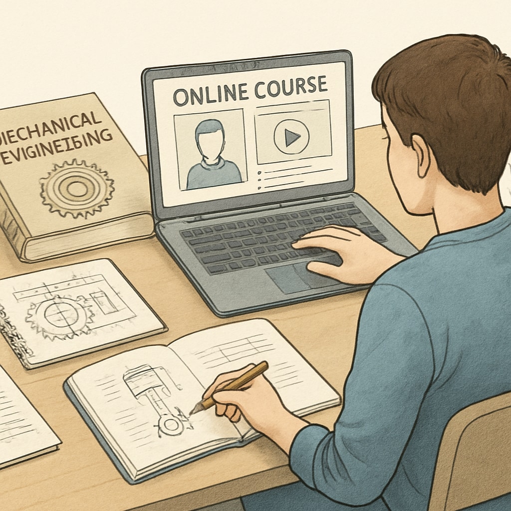 A student sitting at a desk with mechanical engineering textbooks and a laptop opened to an online course platform, emphasizing the blend of traditional and online study methods. A mechanical engineering student studying online for a second degree.