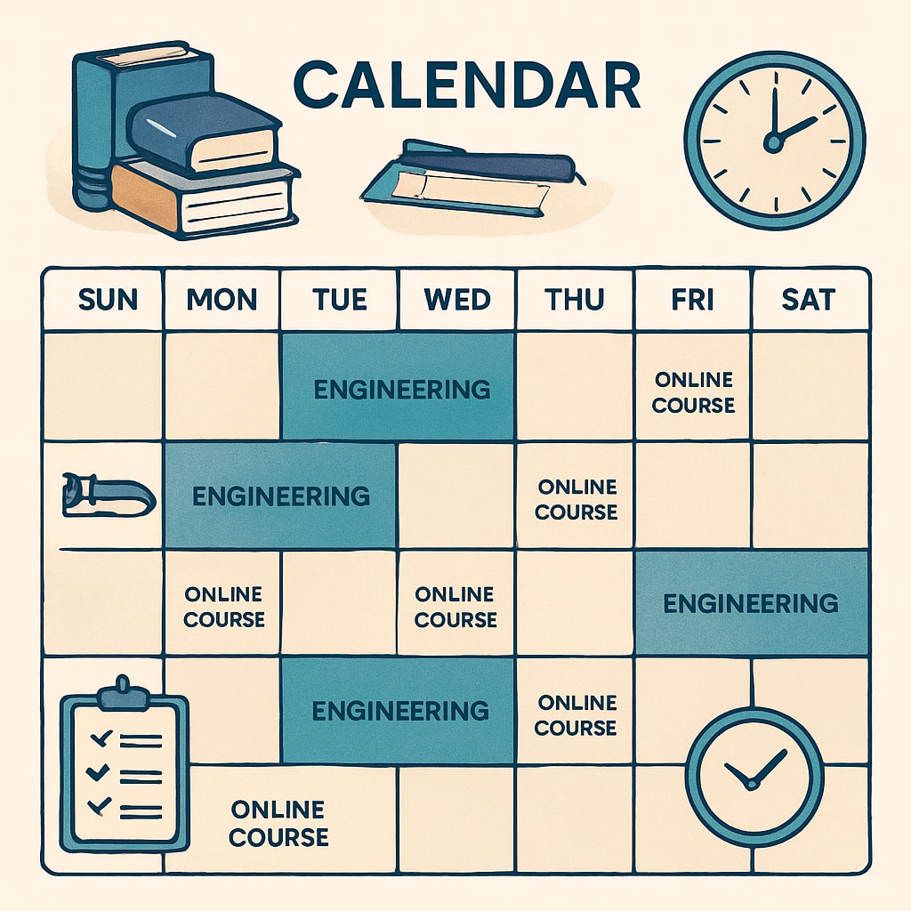 A calendar marked with study schedules for both engineering and online courses, emphasizing effective time management strategies. A visual representation of time management for dual-degree students.