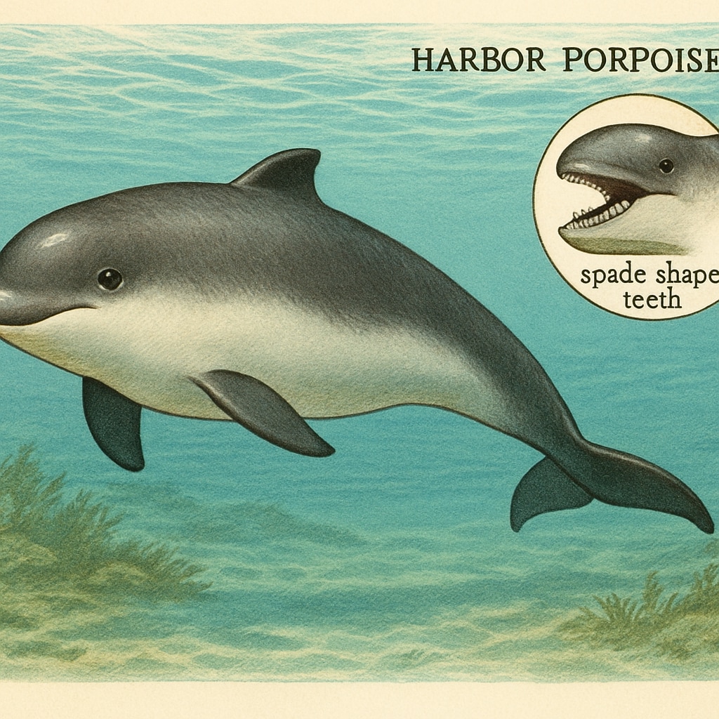 A close-up of a harbor porpoise swimming in clear coastal waters, demonstrating its rounded head and spade-shaped teeth. Harbor porpoise swimming, showcasing its unique anatomy.