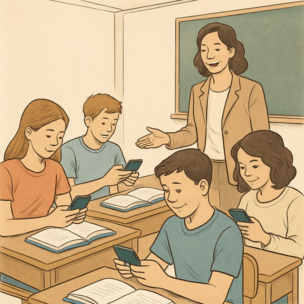 Students responsibly using mobile phones in the classroom under teacher guidance.
