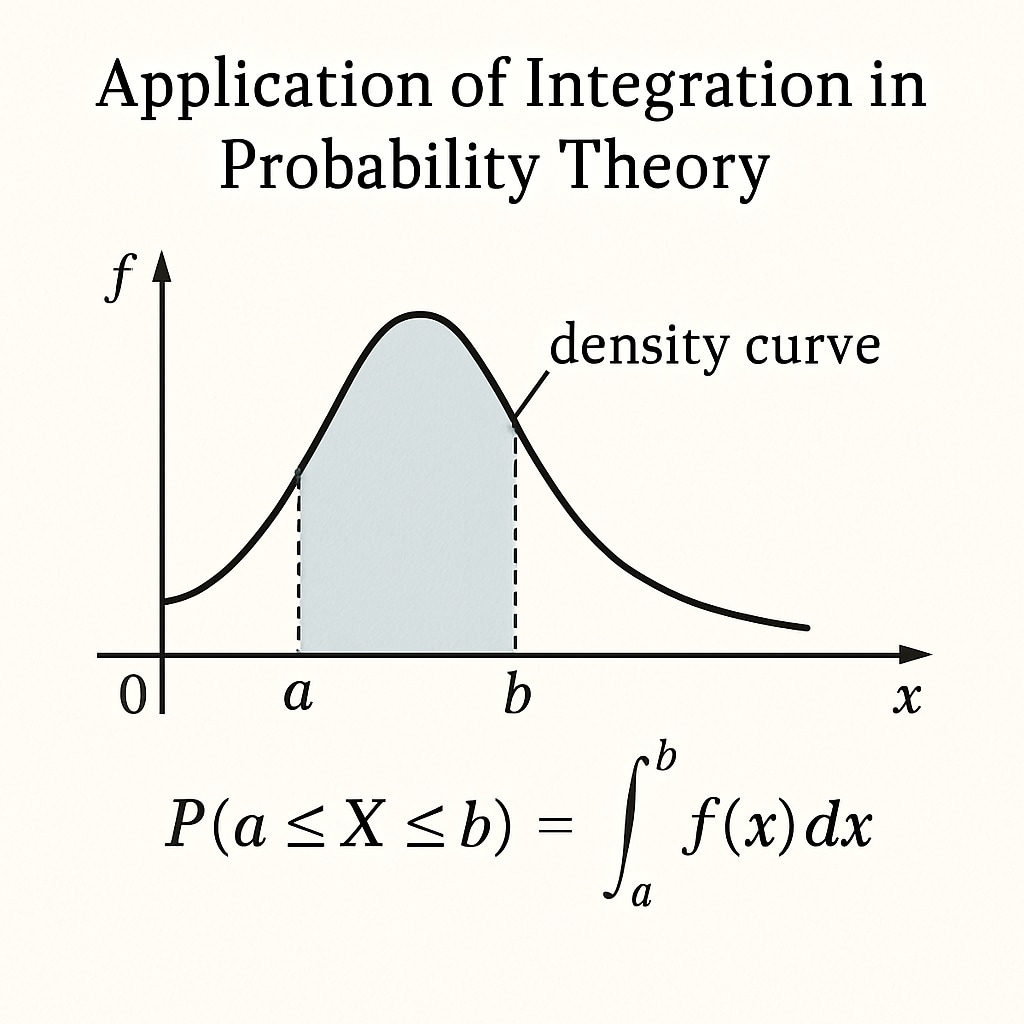 A detailed diagram showing an application of integration in probability theory, such as calculating the area under a probability density curve. Integration application in probability theory for biostatistics students