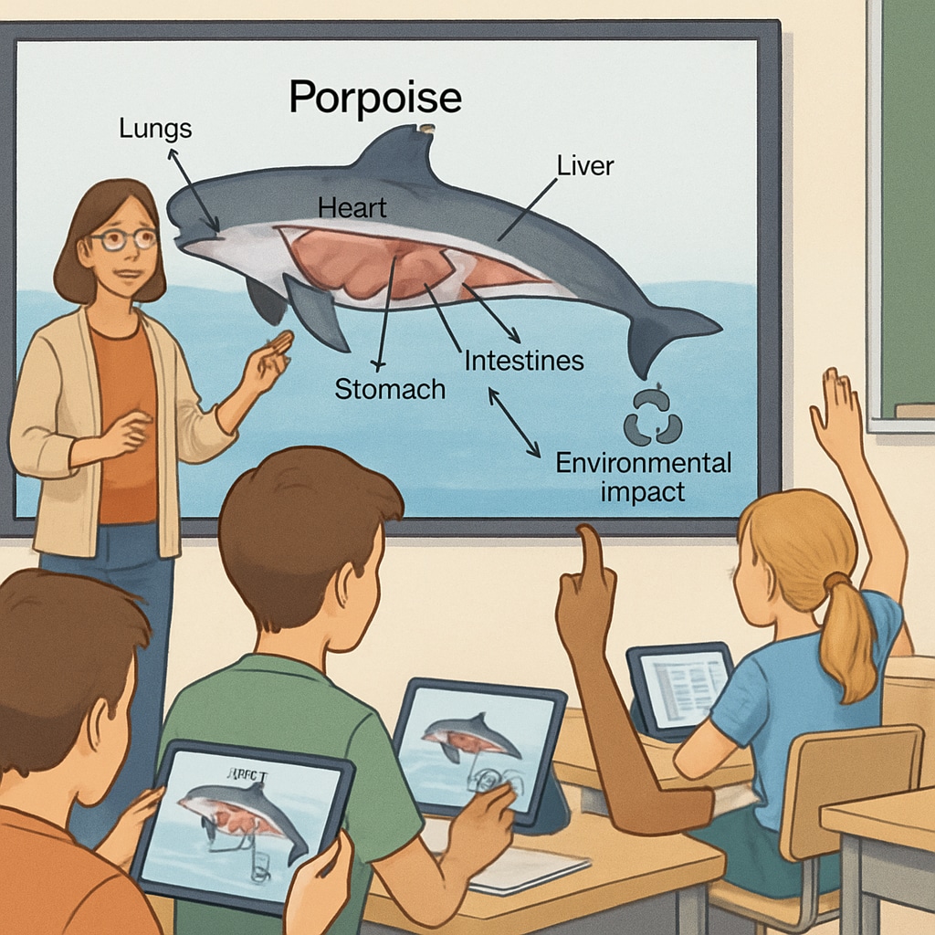 A classroom setting where students are interacting with a digital model of a porpoise, exploring its anatomy and environmental impact. Students engaging with a digital porpoise model to learn marine biology.