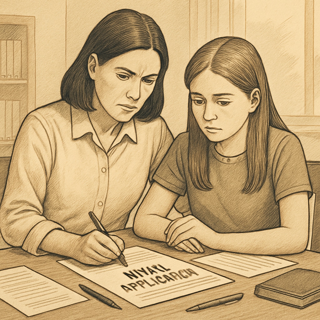 A mother and daughter sitting at a table, reviewing school application forms. The atmosphere is serious but hopeful, representing the challenges and determination involved in the process. A mother and daughter reviewing special education school application forms.
