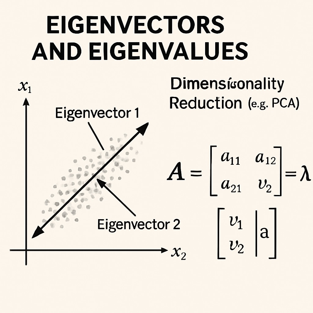 A graphical representation of eigenvectors and eigenvalues, illustrating their role in dimensionality reduction techniques like PCA. Eigenvector and eigenvalue visualization for Linear Algebra in biostatistics