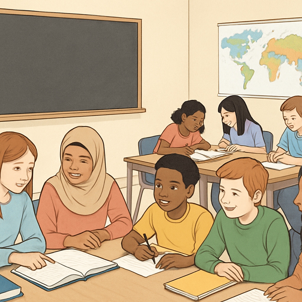 A diverse classroom setting with students actively engaged in group learning activities. Students in a classroom participating in group discussions and activities.