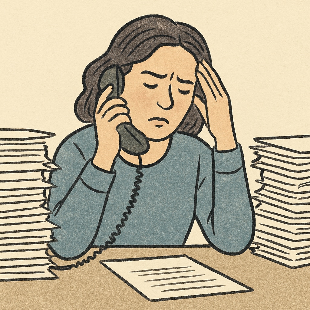 A frustrated parent on the phone with school administrators, surrounded by paperwork. This image highlights the emotional toll of advocating for a special needs child. Parent on the phone with school administrators about special education needs.