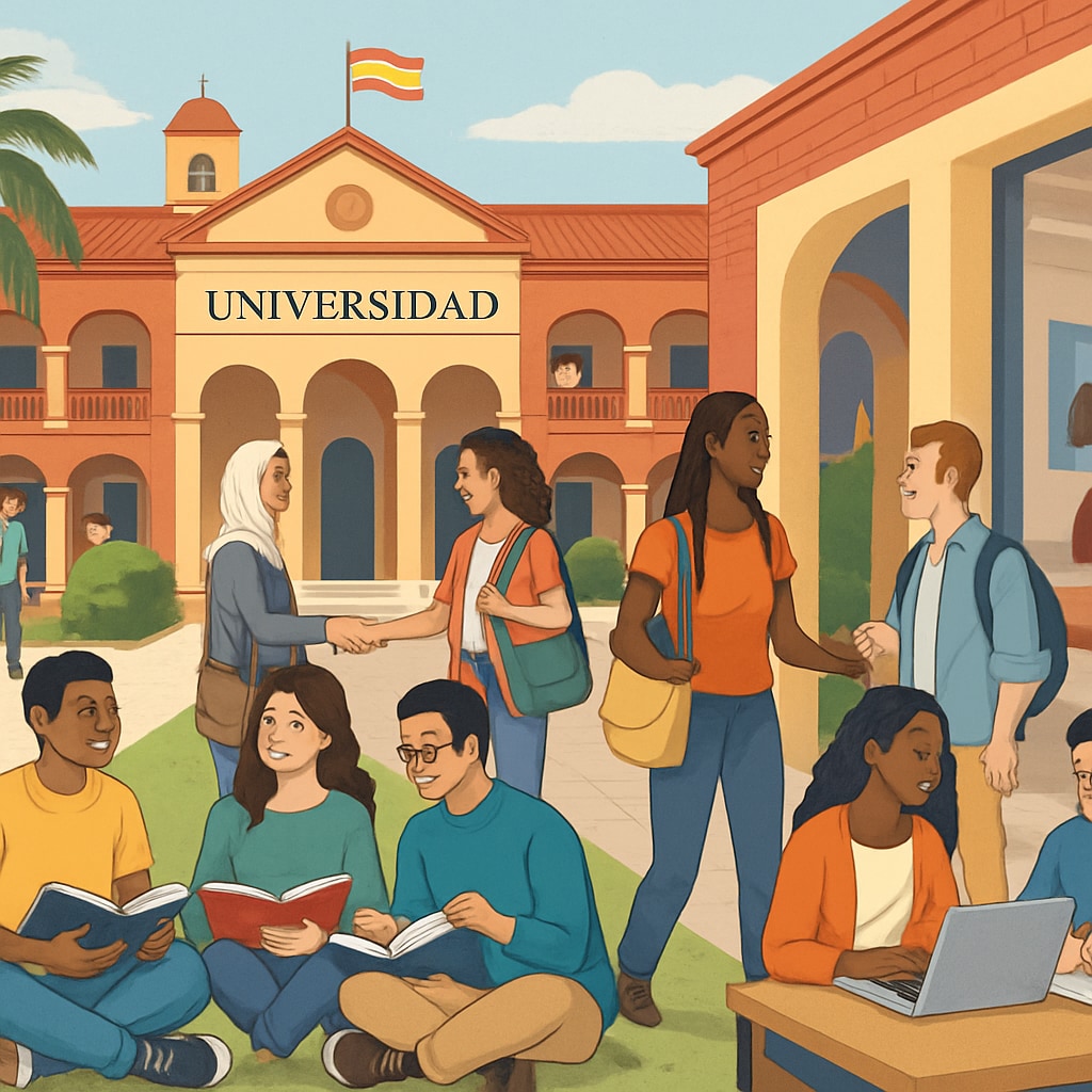 A bustling Spanish university campus with diverse students interacting, highlighting the multicultural academic environment. Spanish university campus with diverse students interacting, showcasing cultural adaptation.
