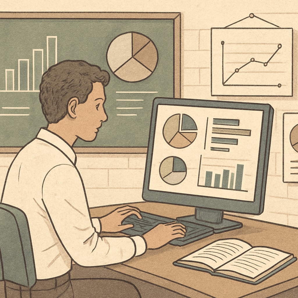 A researcher analyzing survey data on a computer, representing the importance of data-driven insights in education. A researcher reviewing survey data to improve learning methods.