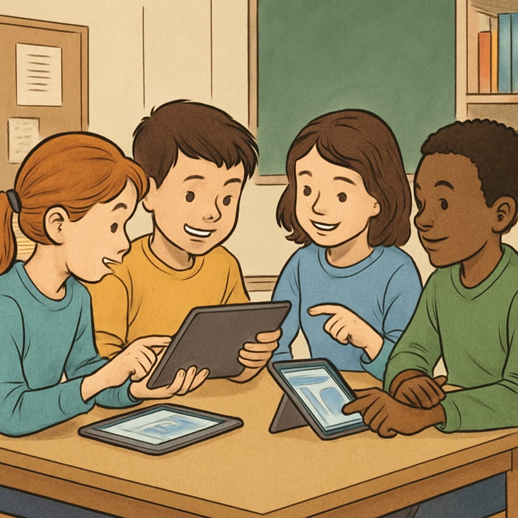 A group of children engaged in an interactive learning activity on tablets, showcasing teamwork and engagement. Interactive learning activity with children using tablets for education.