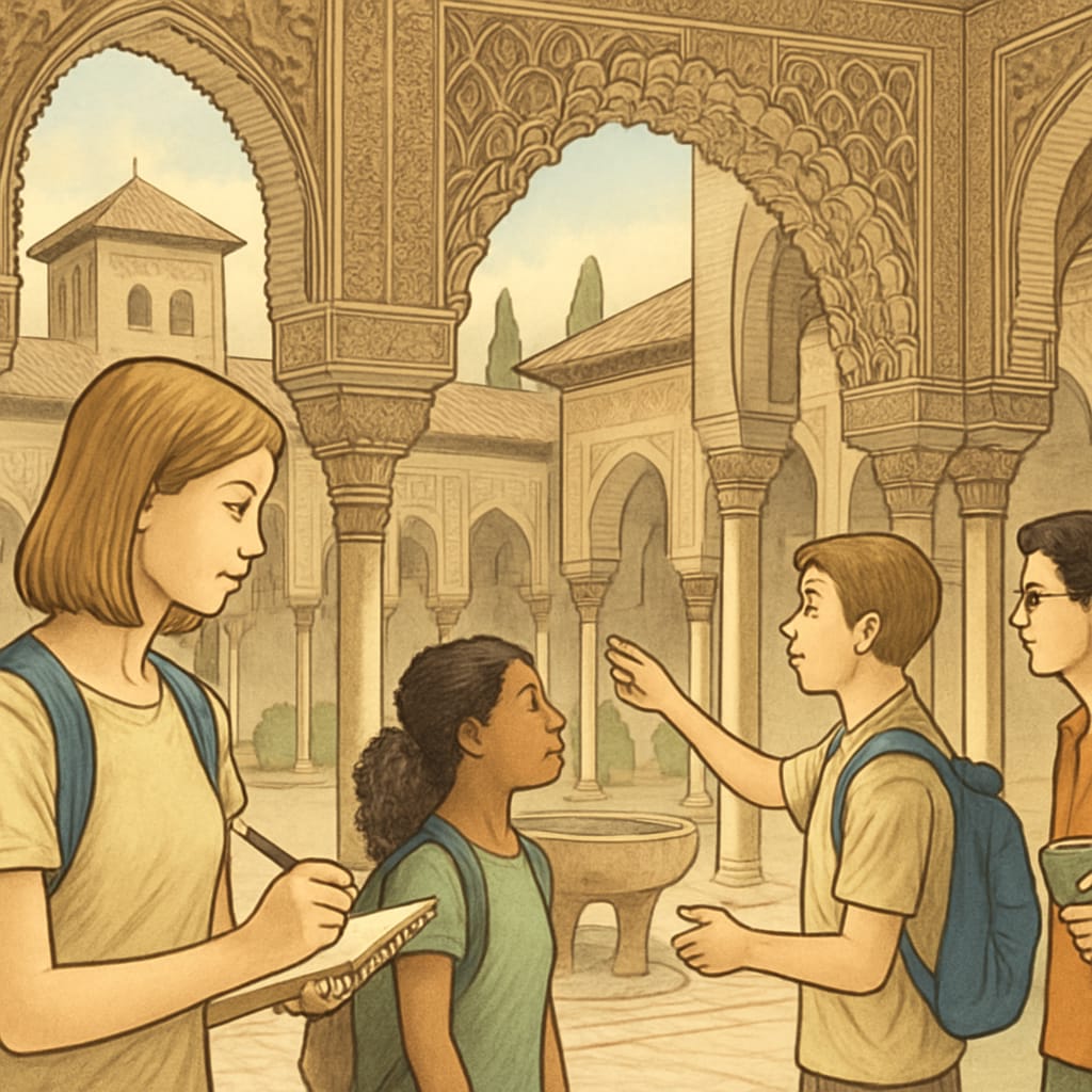Students exploring Spanish landmarks, such as the Alhambra, during a cultural immersion trip, connecting to cultural adaptation. Students exploring Spanish landmarks like the Alhambra, emphasizing cultural immersion.