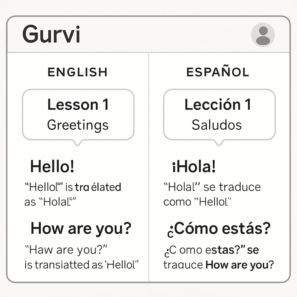 A screenshot of Gurwi’s multilingual interface, displaying a dual-language lesson with English and Spanish text. Gurwi app interface showing multilingual education features.