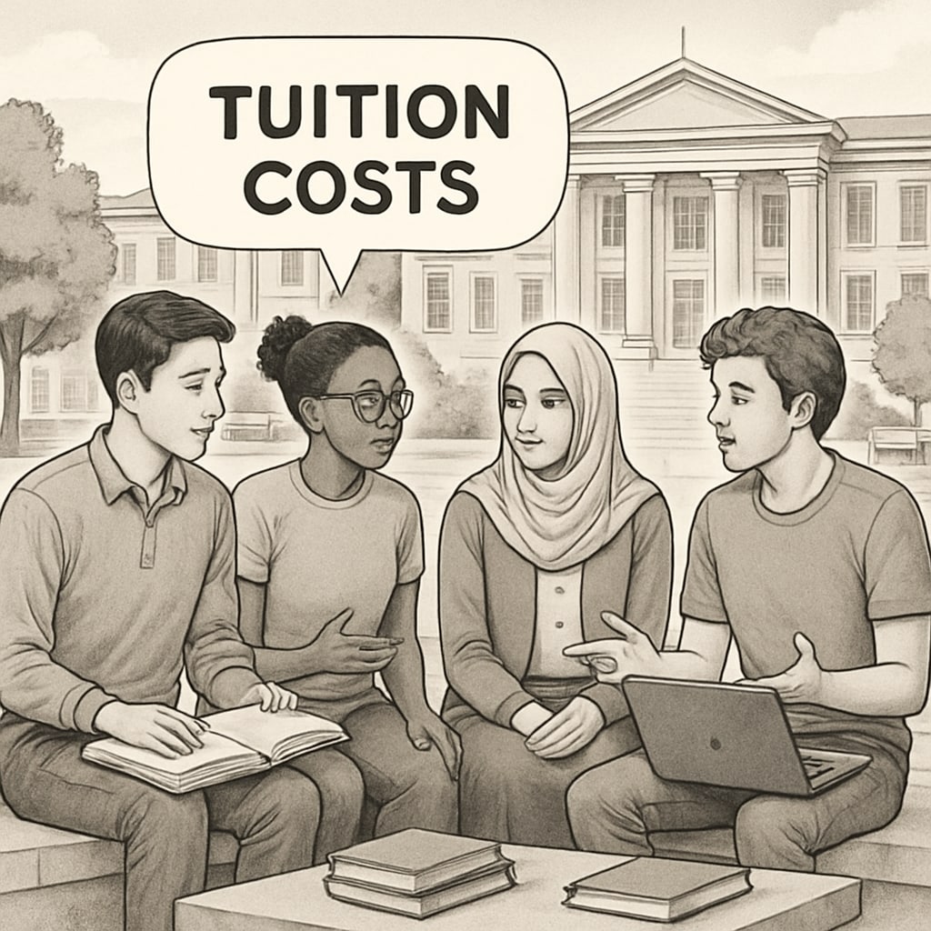 A diverse group of international students discussing tuition costs at an elite university campus. International students discussing tuition challenges at Oxford University.