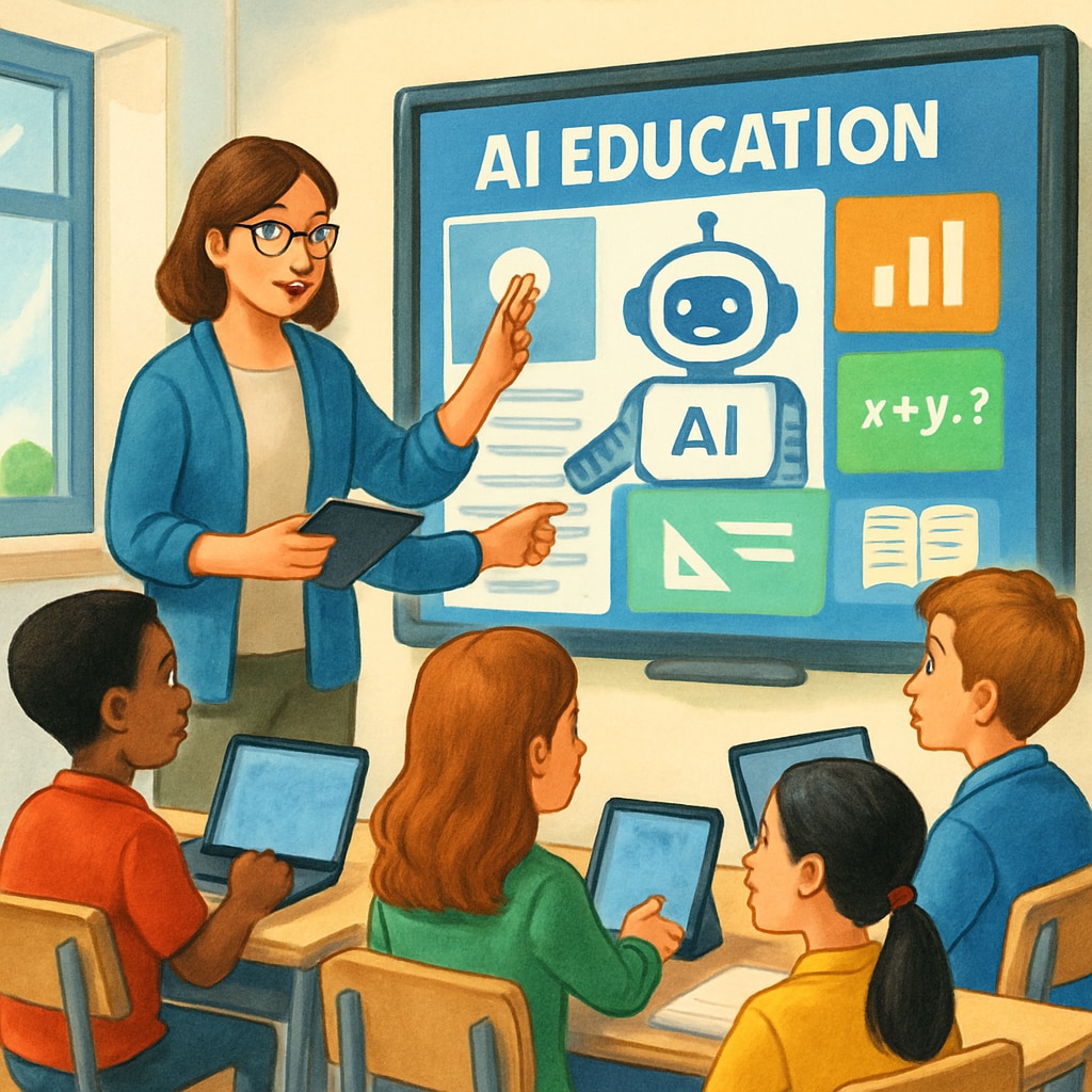 A teacher using AI-powered educational software in a classroom setting, showcasing the integration of technology into daily teaching practices. Teacher with AI tools in classroom demonstrating AI education impact.
