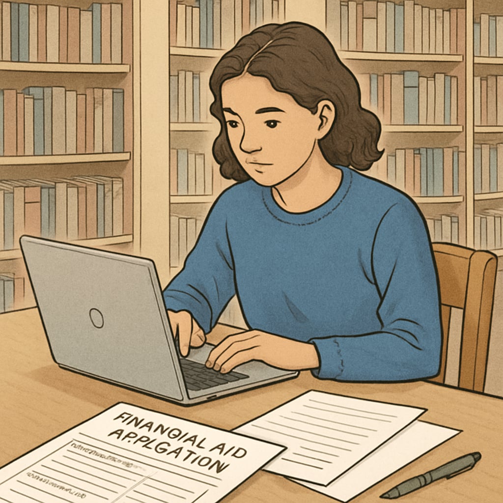 A student sitting at a library desk with a laptop and financial aid application forms. Immigrant student applying for financial aid to attend Oxford University.