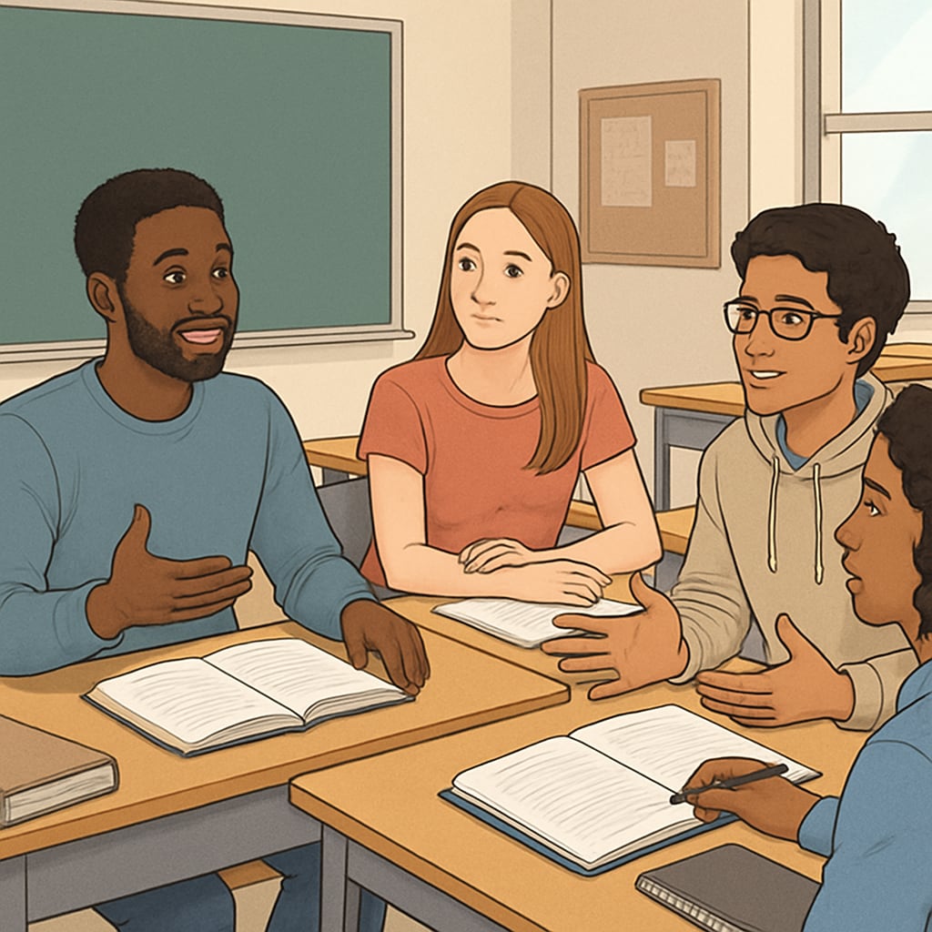 A classroom of diverse college students actively engaging in a group discussion, symbolizing inclusivity and collaborative learning. Diverse college students participating in a group discussion, representing critical thinking and inclusivity.