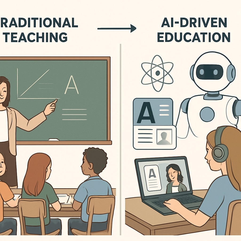 A visual comparison of traditional teaching methods versus AI-driven education models, illustrating the shift in educational paradigms. Comparison of traditional teaching and AI education models.