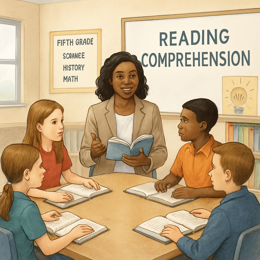 A teacher facilitating a group reading session with fifth-grade students to improve comprehension and engagement. Teacher leading a group reading activity in a fifth-grade ELA classroom.