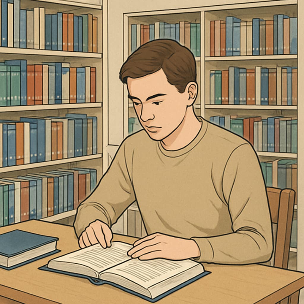A student reading a book in a university library, surrounded by shelves filled with diverse academic resources. A student studying in a university library, reflecting the pursuit of higher education and critical thinking.