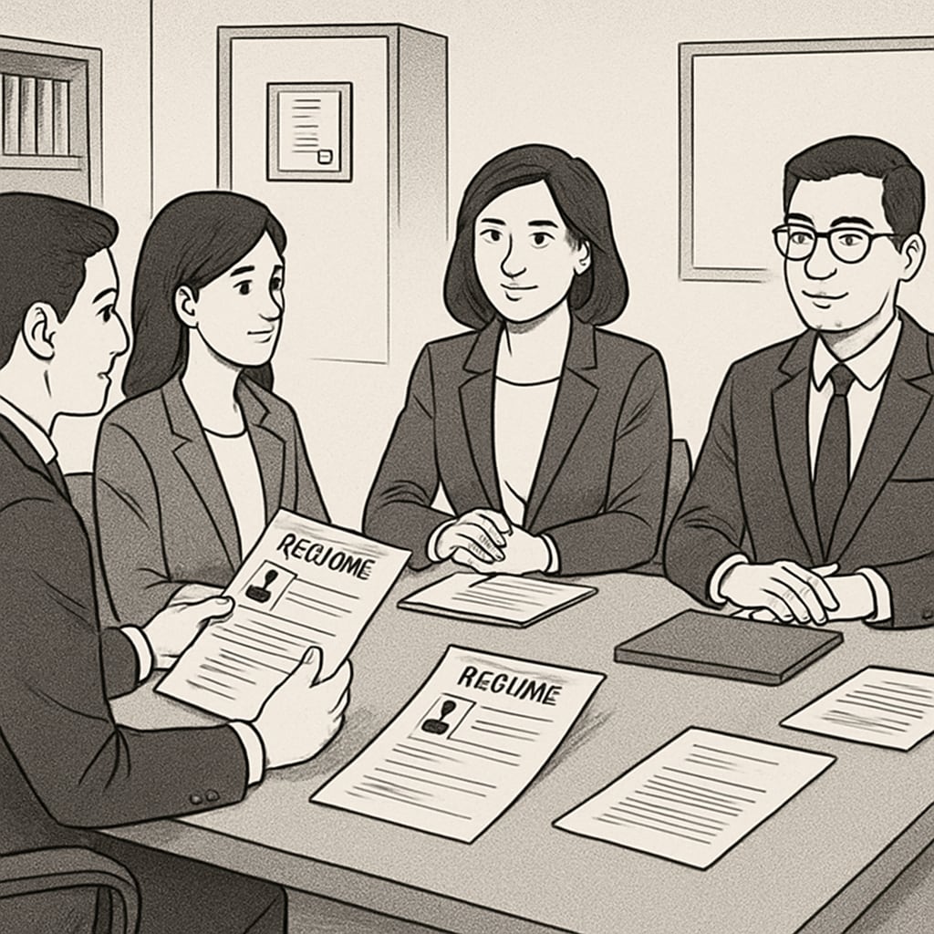 A professional setting with job applicants presenting their resumes to recruiters, emphasizing education qualifications Job applicants presenting resumes in a professional setting, focusing on education qualifications