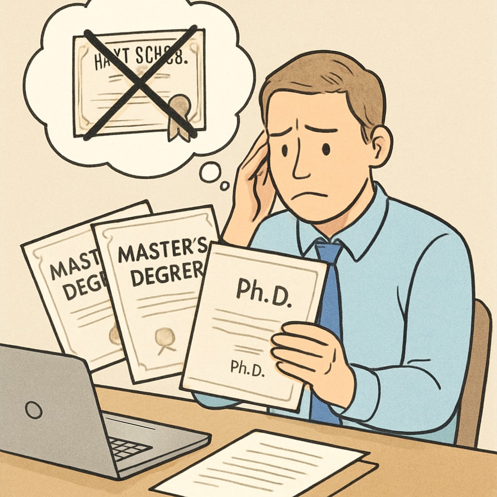 A frustrated job seeker holding advanced degrees, rejected because of missing high school credentials A job seeker holding college degrees, frustrated by rejection due to missing high school credentials
