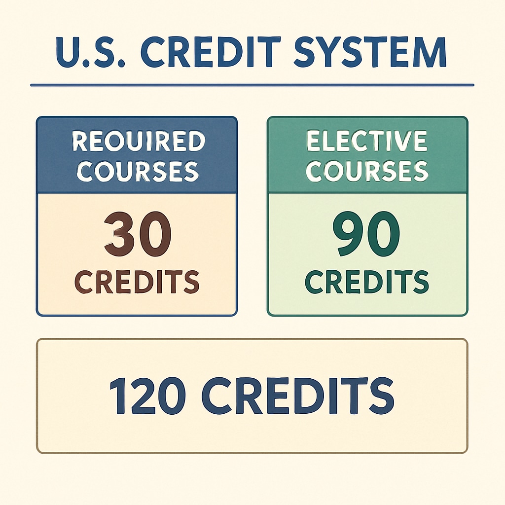 A chart explaining the U.S. credit system, including required and elective courses. Visual representation of the U.S. high school credit system used in online programs.