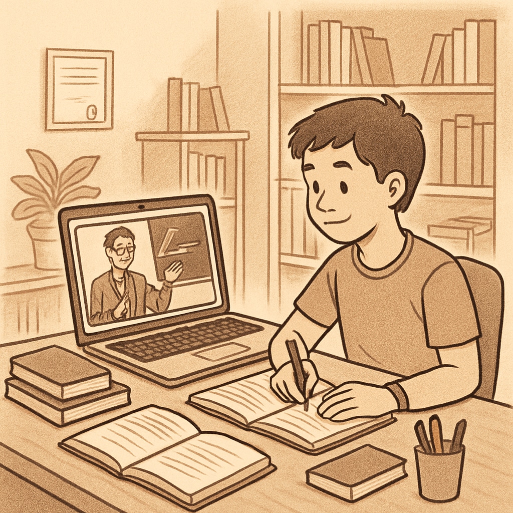 A student working on an online course, showing engagement with a laptop in a home study space. Online learning with Khan World School and ASU dual enrollment program
